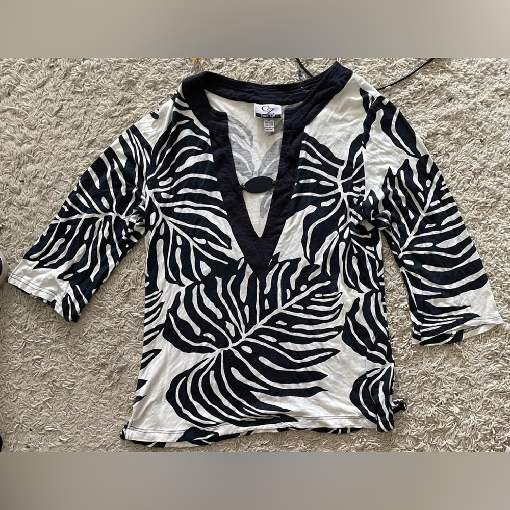 CZ Cover up cover-ups white blue 3/4 sleeve top medium m
